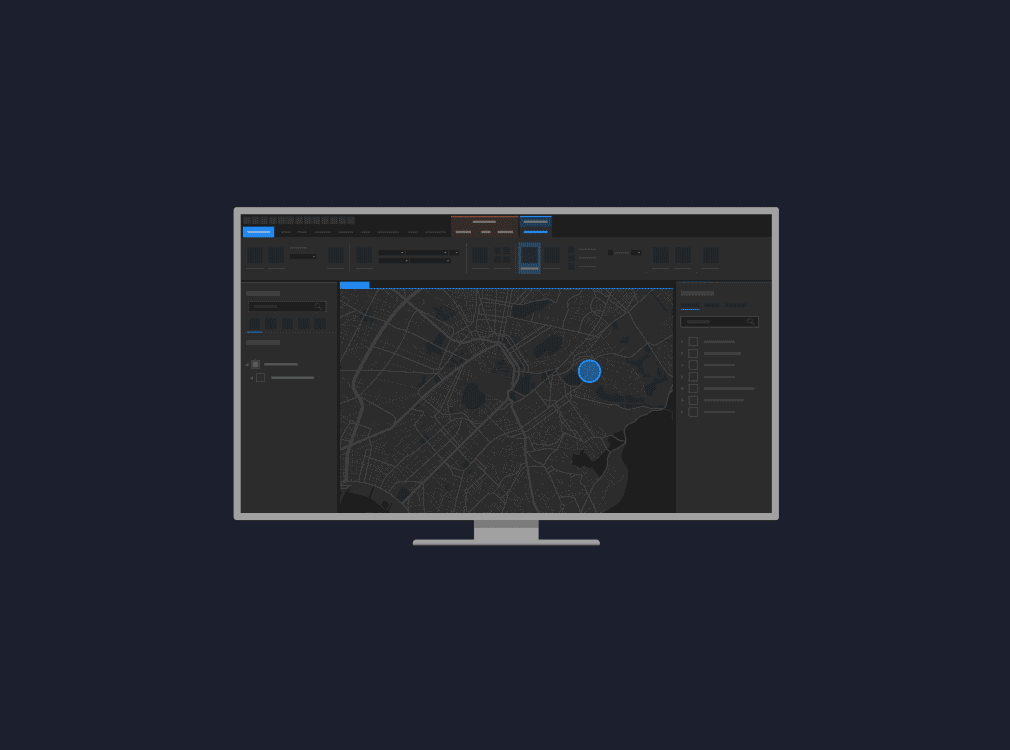 Computer monitor showing two dark gray maps side-by-side with white scattered data points and blue lines