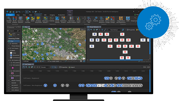 Icona di 2 ingranaggi e un monitor per computer che mostra l'interfaccia di ArcGIS Pro Intelligence con una mappa digitale e simboli sparsi