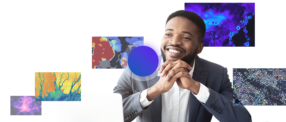 A person in a dark gray suit with a white laptop surrounded by five images of different maps overlaid with a play button