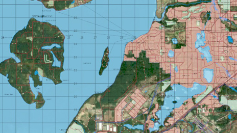 Una mappa di alta qualità prodotta usando ArcGIS Defense Mapping che mostra feature geografiche come strade, fiumi e punti di interesse.