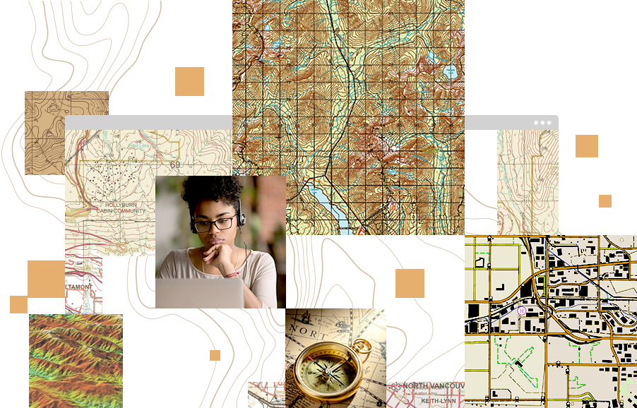 Collage di immagini, tra cui una bussola, una giovane ragazza che lavora su un computer portatile, una mappa stradale e una mappa topografica