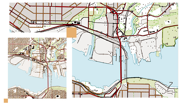 Mappa stradale di una città con uno specchio d'acqua blu e linee nere, rosse e marroni 