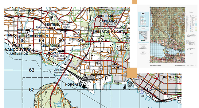 Mappa stradale di acqua e terra a West Vancouver con strade segnate in linee rosse e arancioni e una piccola mappa a griglia con caselle
