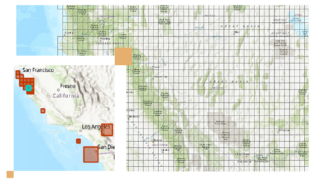 Mappa a griglia del Grande Bacino con caselle e un'immagine topografica della California da San Francisco a San Diego