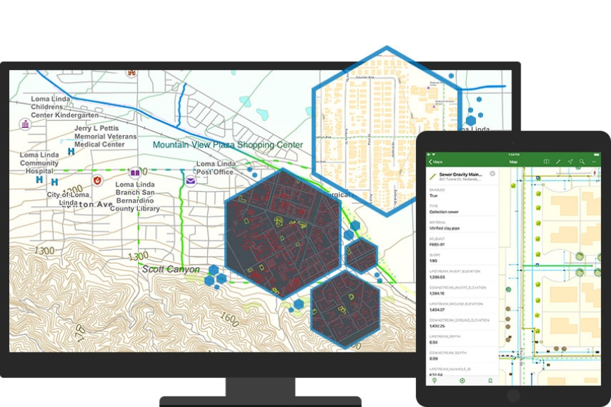 Una rappresentazione grafica di un monitor dove è visualizzata una mappa di elevazione con punti di riferimento locali etichettati, sovrapposti da numerose mappe di aree o itinerari in piccoli riquadri esagonali.