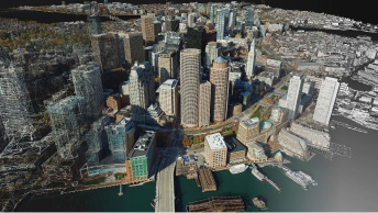 Mesh 3D texturizzate di una città con edifici alti e diversi tipi di formati mesh sovrapposti