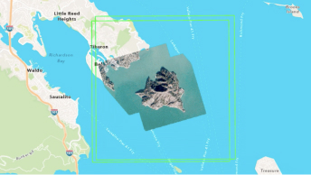 Mappa dell'area di Angel Island con acqua blu e terra in beige e i dati delle immagini satellitari sovrapposti in alto