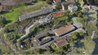 Mesh 3D texturizzate di vecchi edifici e vegetazione verde su Angel Island