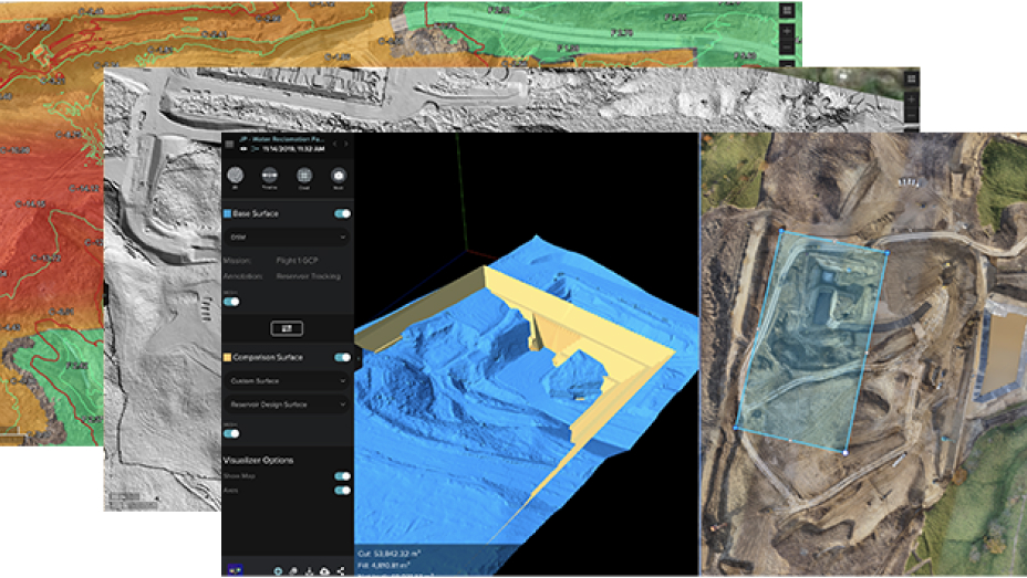 Serie di immagini digitali e aeree di terra che rappresentano varie analisi con un'immagine in primo piano di un cantiere