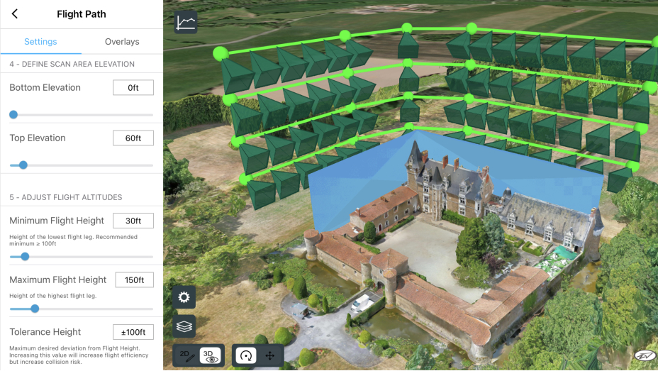 iPad che mostra lo schema di volo di un drone intorno a un castello e vegetazione verde con linee e forme verdi collegate