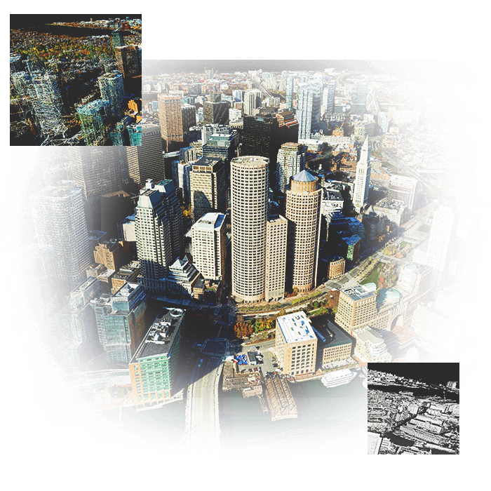 Foto di una città con edifici alti che rappresentano una mesh 3D con texture con foto inserite di edifici urbani che rappresentano una rete metallica 