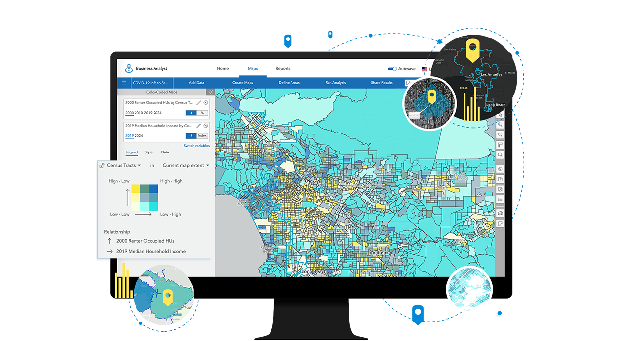 Laptop che mostra la mappa codificata a colori e l'interfaccia di Business Analyst