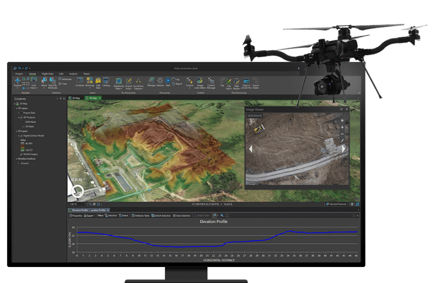 Linee di topografia sullo sfondo, schermo desktop che mostra l'analisi volumetrica eseguita sui dati acquisiti dai droni, drone in volo in primo piano