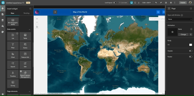 Immagine che mostra una griglia dii widget e il trascinamento di un pulsante supra una mappa blu e verde del mondo