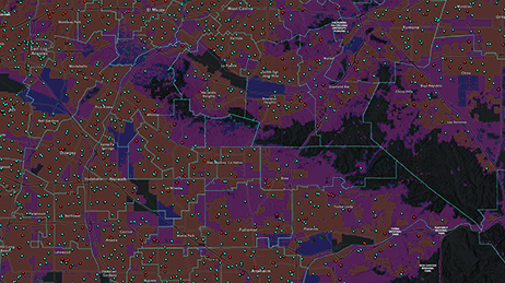 Una mappa dello stato con i distretti delineati in bianco su sfondo marrone e viola