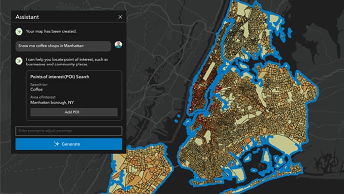 A digital assistant interface is displayed alongside a detailed map of New York City, focusing on Manhattan.