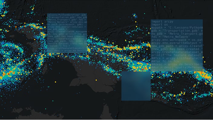 Abstract visualization shows a world map overlaid with dense streams of colored data points.