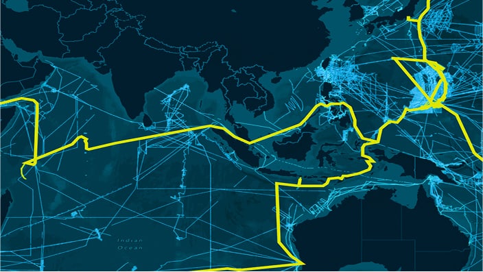 A stylized digital map highlights submarine cable routes across Europe, the Middle East, and North Africa.