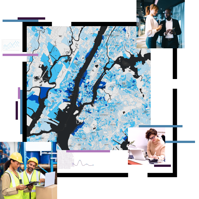 Città di New York con suddivisioni sfumate in blu; persone che guardano uno smartphone, un tablet e un laptop