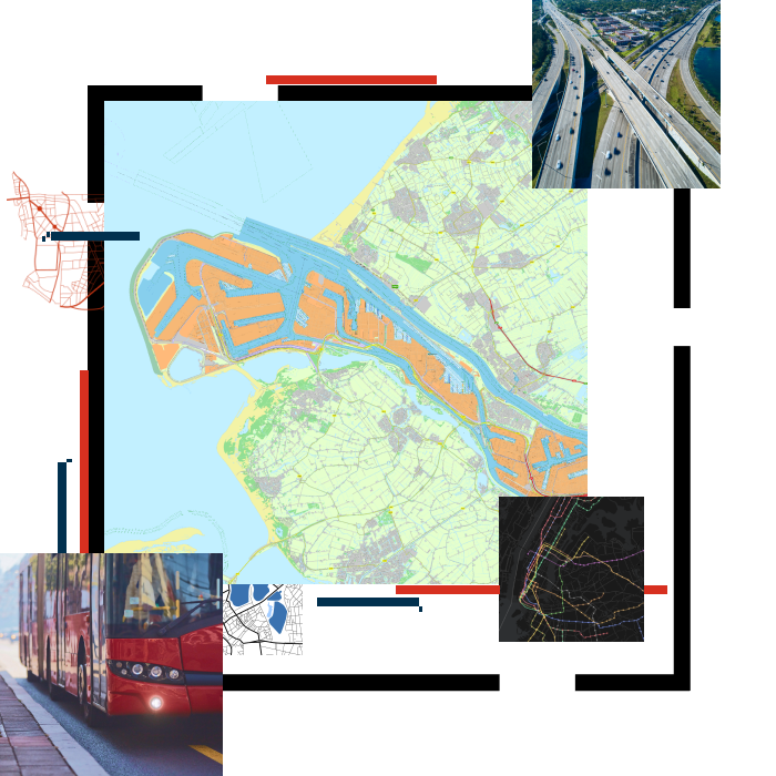 Mappa di una regione costiera con aree sfumate in arancione e blu e diverse immagini più piccole di un'auto rossa, uno svincolo autostradale, un aeroporto e due mappe dell'area