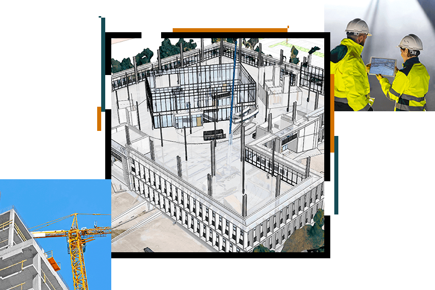 Un rendering di edifici in ArcGIS GeoBIM sovrapposto a una foto di una gru su un cielo blu e una foto di operai con elmetti e giacche gialle chiaro che osservano un tablet