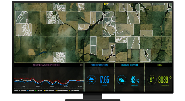 Immagine del monitor di un computer che mostra una dashboard con una mappa di terreni agricoli verdi, un grafico e statistiche sulla vegetazione