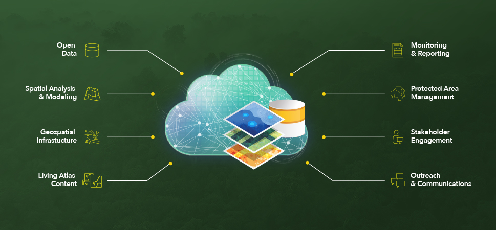 Cloud graphic in center and lines to open data, spatial analysis, reporting
