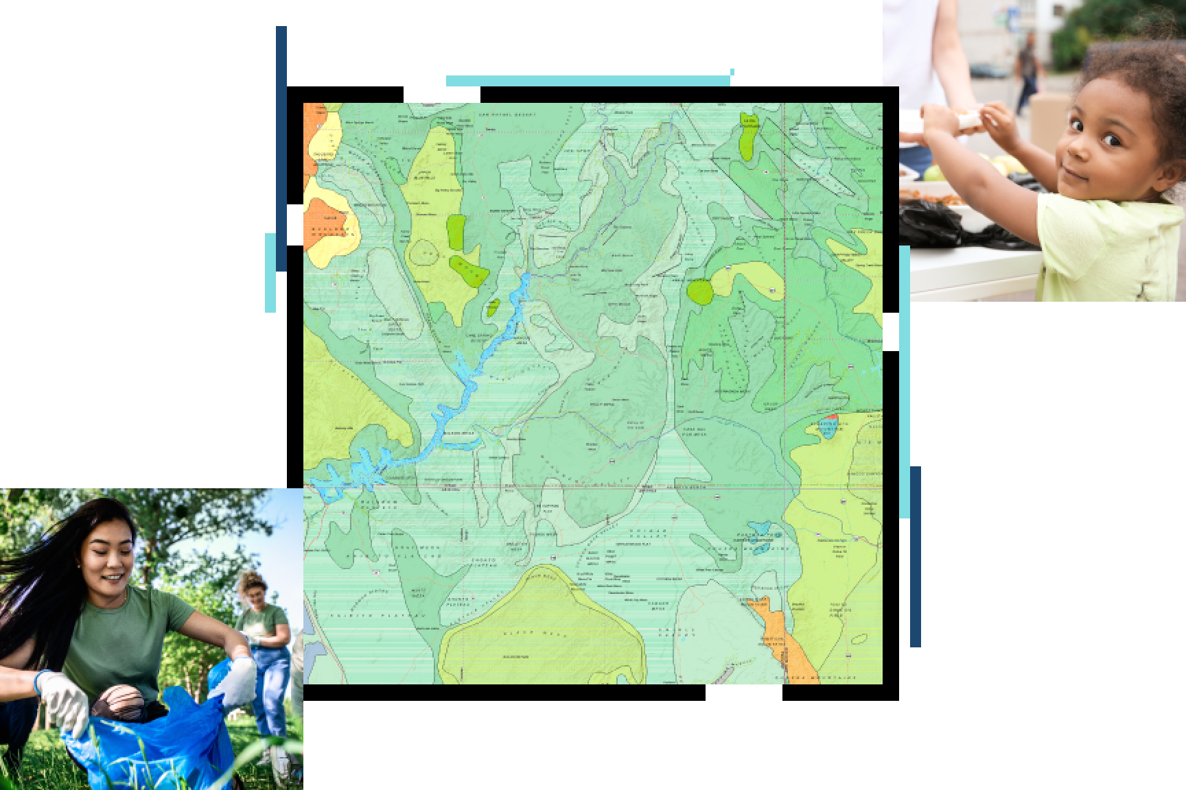 Persona che lavora all'esterno per un'organizzazione no profit, mappa di un'area di progetto no profit, bambino