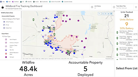 Dashboard che mostra il tracciamento delle operazioni antincendio dal vivo. 