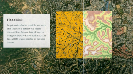 Una mappa del rischio di alluvioni con un cursore che consente all'utente di visualizzare un'area selezionata come mappa topografica o mappa termica 