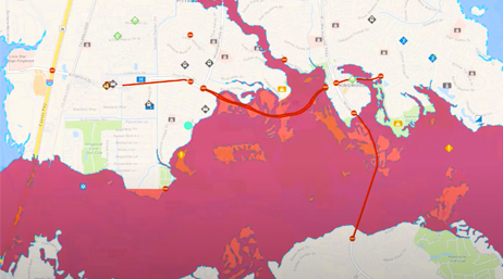 Una roadmap con l'area del disastro evidenziata in arancione e rosa 