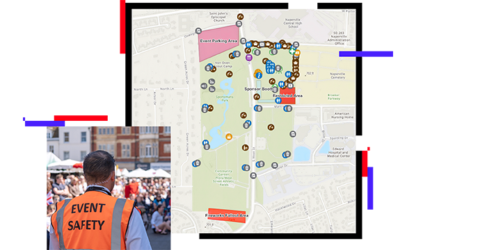 Mappa del sito di un evento speciale e foto di un membro del personale addetto alla sicurezza dell'evento che sorveglia la folla