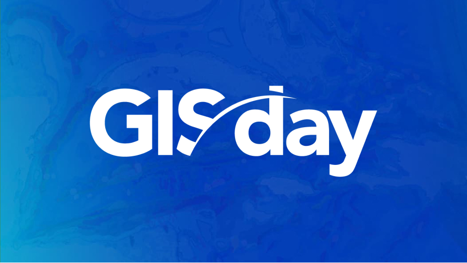 Il logo del GIS Day su uno sfondo di mappa blu