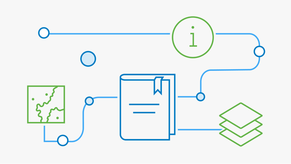 Un'icona stilizzata di un libro connessa a uno stack di più layer, una mappa stradale e un simbolo di informazione con la lettera I all'interno di un cerchio