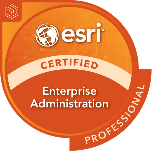 Circular badge featuring Esri certification for Enterprise Administration. 