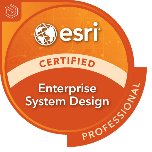 Circular badge with orange and white tones featuring the Esri logo and text 'Certified Enterprise System Design Professional.' 