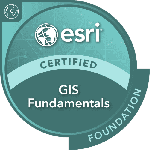 Circular digital badge for ESRI Certified GIS Fundamentals. 