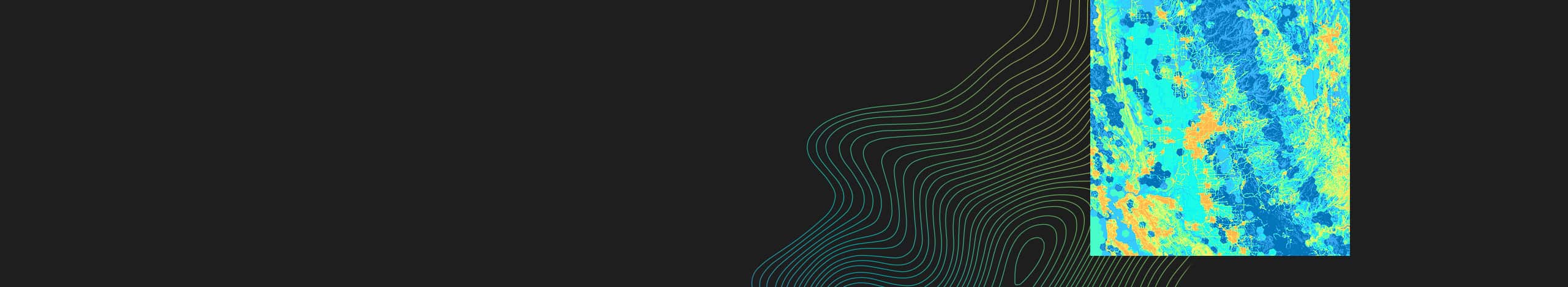 A vibrant abstract heatmap displayed on the right side of a dark background.