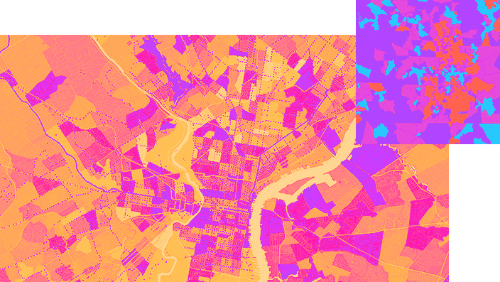 A stylized map on a dark background displays geographic data with a minimalist aesthetic