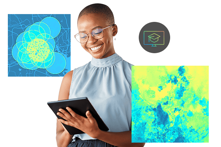 A woman with glasses and a smile holds a tablet, set against a background featuring stylized maps and a monitor displaying a graduation cap icon