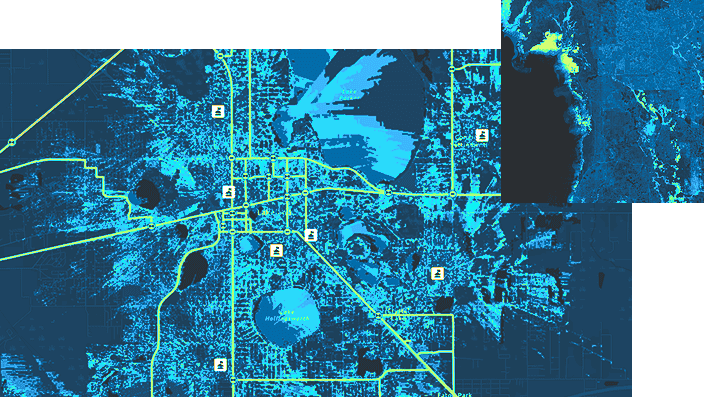 Abstract digital art contrasting a blue city map with yellow roads and buildings, against a dark, topographically-lined background, alongside a smaller, matching-scale blue map with light green areas near water
