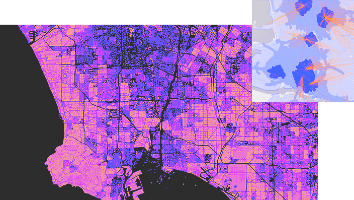 Two maps on a dark background depict city infrastructure, one has shades of purple and orange, while the other  map employs pink and peach on dark gray