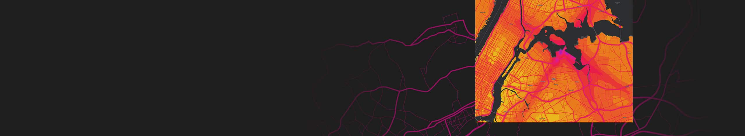 An abstract map design featuring bright orange and pink hues, highlighting geographic patterns and urban structures