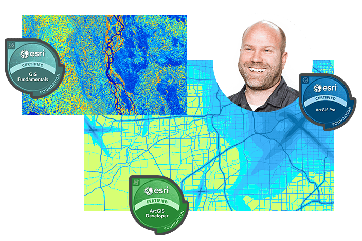 A man smiles in front of three colorful maps, each representing a different geographic area