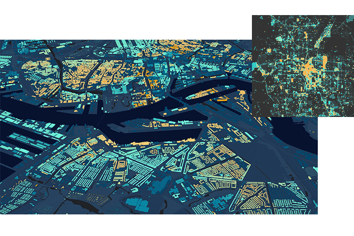 Abstract cityscape featuring overlapping maps in diverse styles and wireframe buildings set against a dark background