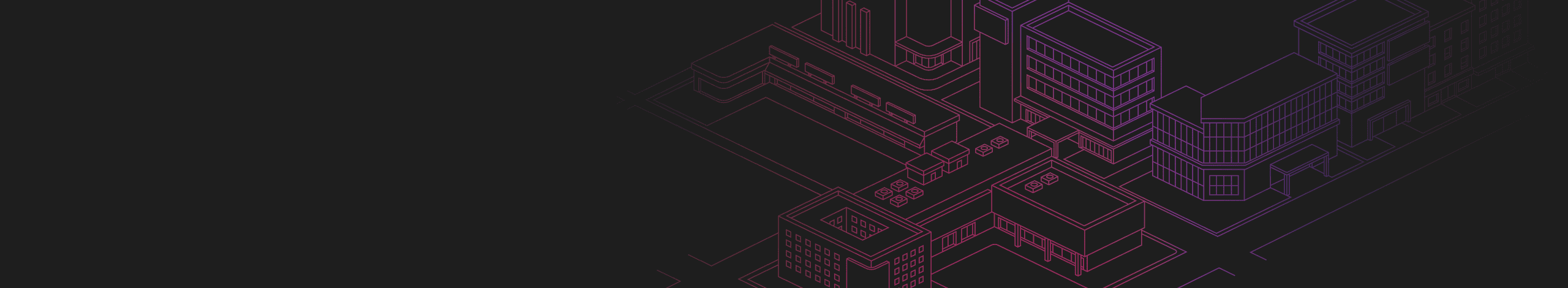 A stylized abstract cityscape featuring geometric building outlines in a gradient of purple and pink on a dark black background