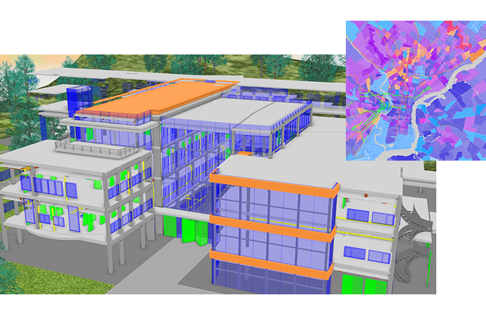 Architectural design featuring a building with a glass exterior, set against a dark background with minimalist purple line art of surrounding cityscapes