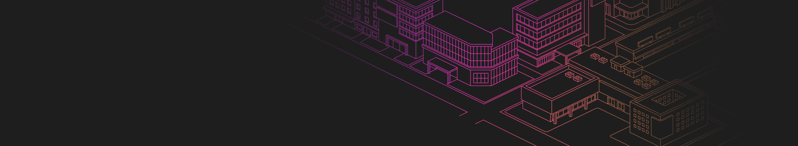 A stylized abstract cityscape featuring geometric building outlines rendered in vibrant neon gradient lines. 