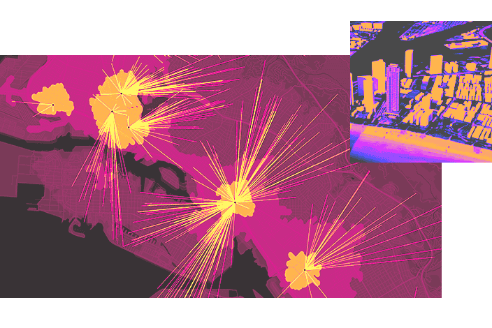 An urban map overlay shows radiant lines connecting various points of interest, superimposed over a stylized aerial view of a cityscape with illustrations of high-rise buildings