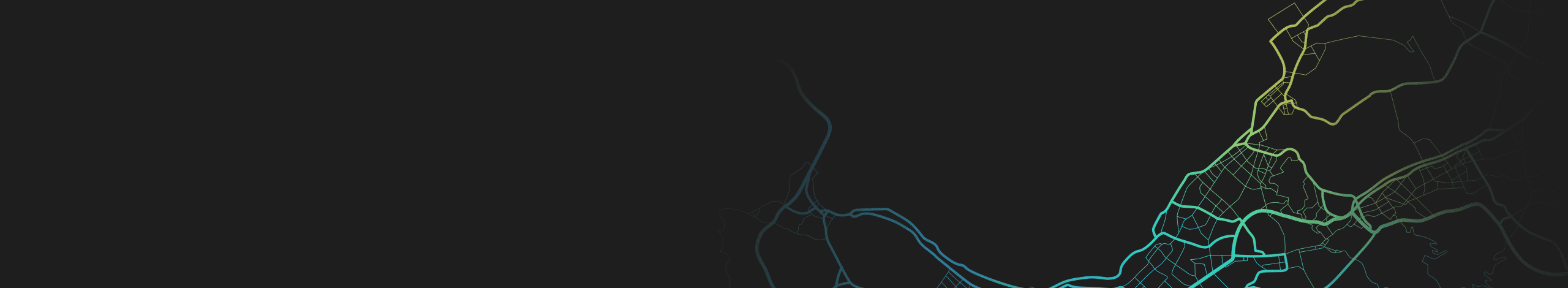 An abstract visualization of map lines in gradient colors on a dark background.